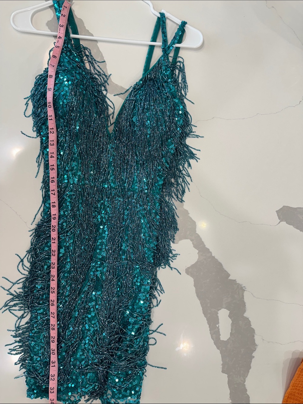 Teal Sequin Fringe V-Neck Mini Dress - Picture 4 of 5